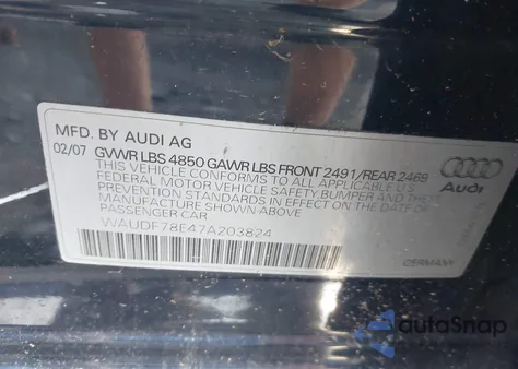 2007 Audi A4 2.0T z USA, uszkodzony, nr VIN WAUDF78E47A203824